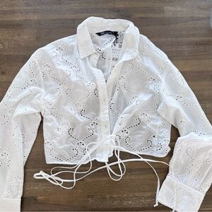 Zara nwt White Eyelet Lace-Up Blouse